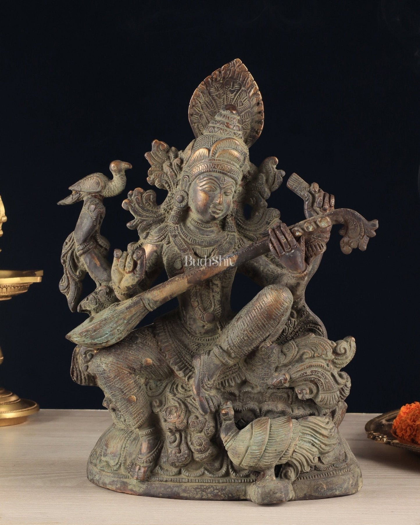 Vintage Saraswati brass idol 11 inches green algae tone - Sama Homes Idol - Brass Sculpture
