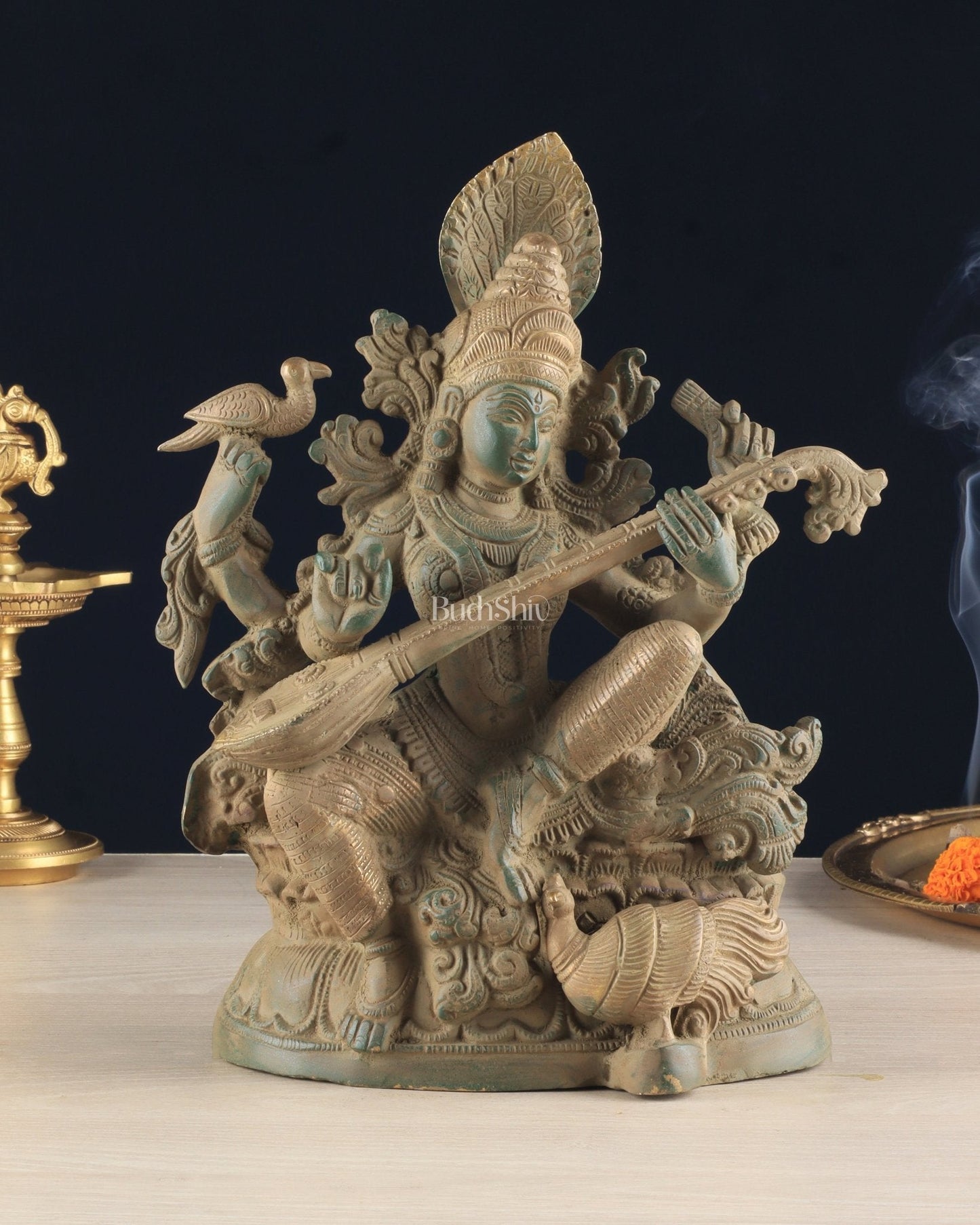 Vintage Saraswati brass idol 11 inches - Sama Homes Idol - Brass Sculpture