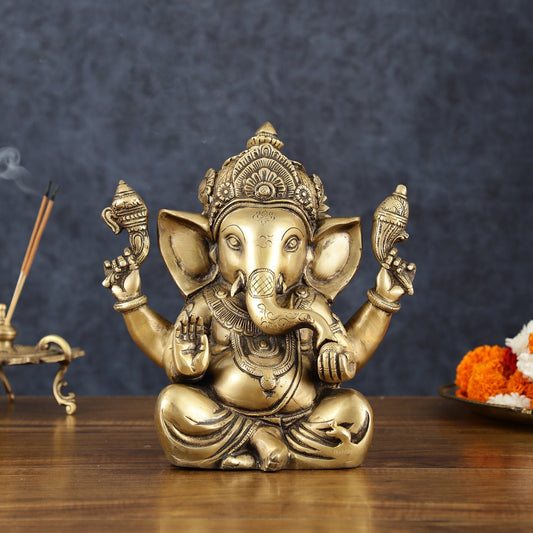 Vintage Taj Ganesha Statue - Handcrafted Brass 9" Height - Sama Homes Idol - Brass Sculpture