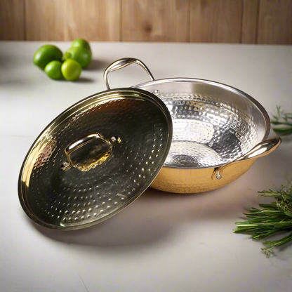 Exclusive Brass Kadhai Set With Tin Coating Inside | Cooking Ware kadhai - 1.5 Ltr by SAMA Homes - Copper Handi Set