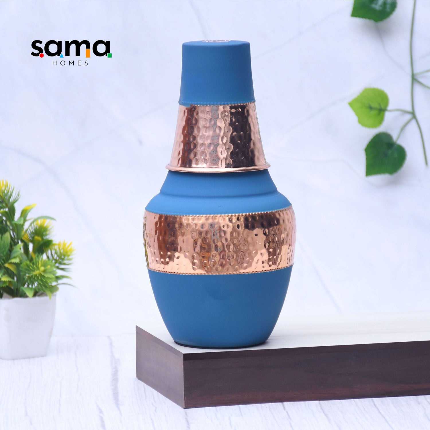 Pure Copper Silk Blue Venus Pot with Inbuilt Glass Capacity 1400ML. - Sama Homes