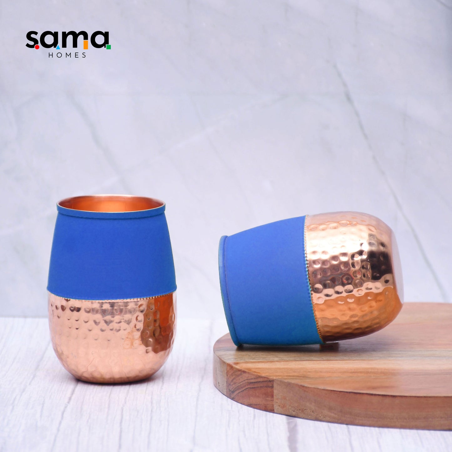 SAMA Homes - pure copper water glass silk blue half hammered dholak tumbler capacity 250ml