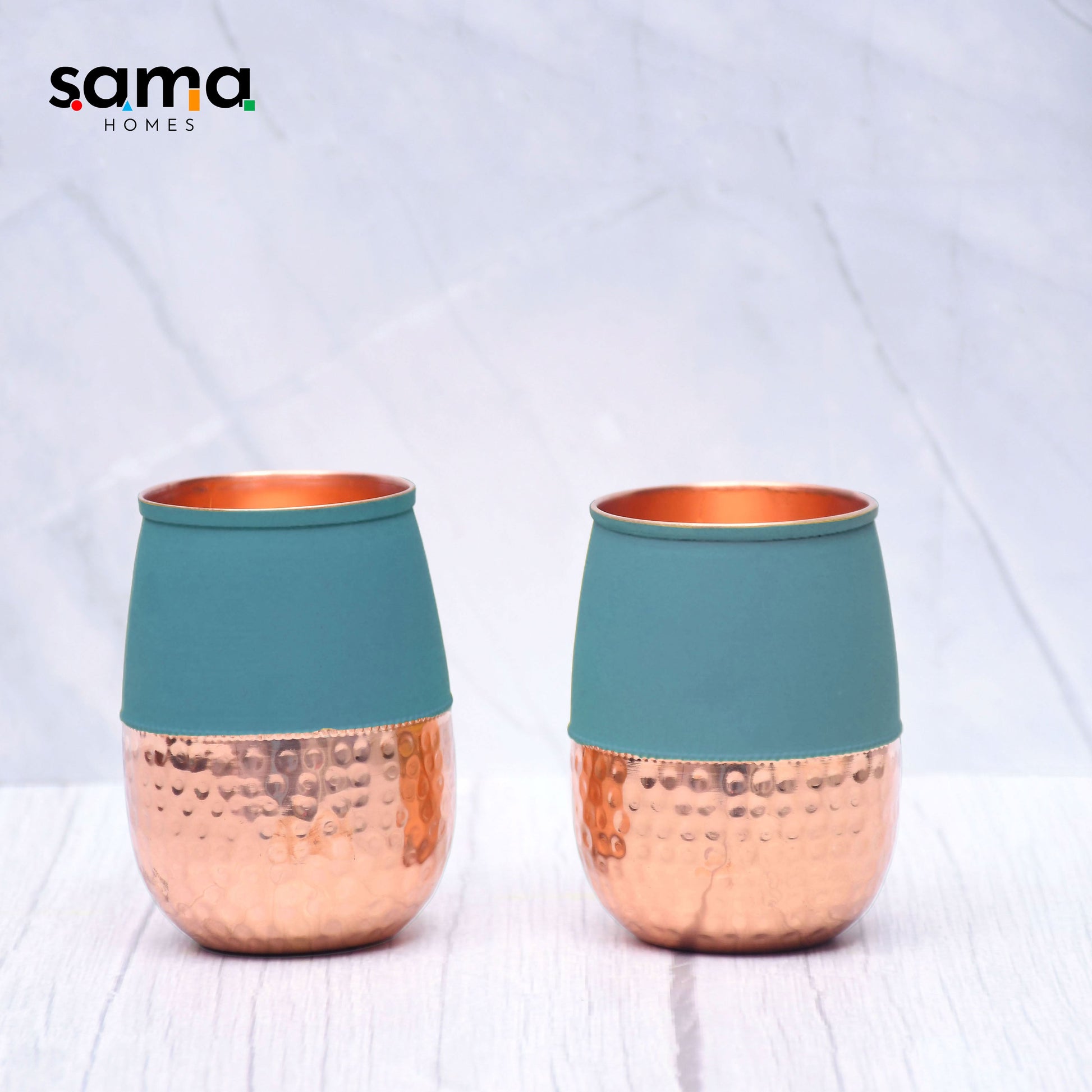 SAMA Homes - pure copper water glass silk green half hammered dholak tumbler capacity 250ml