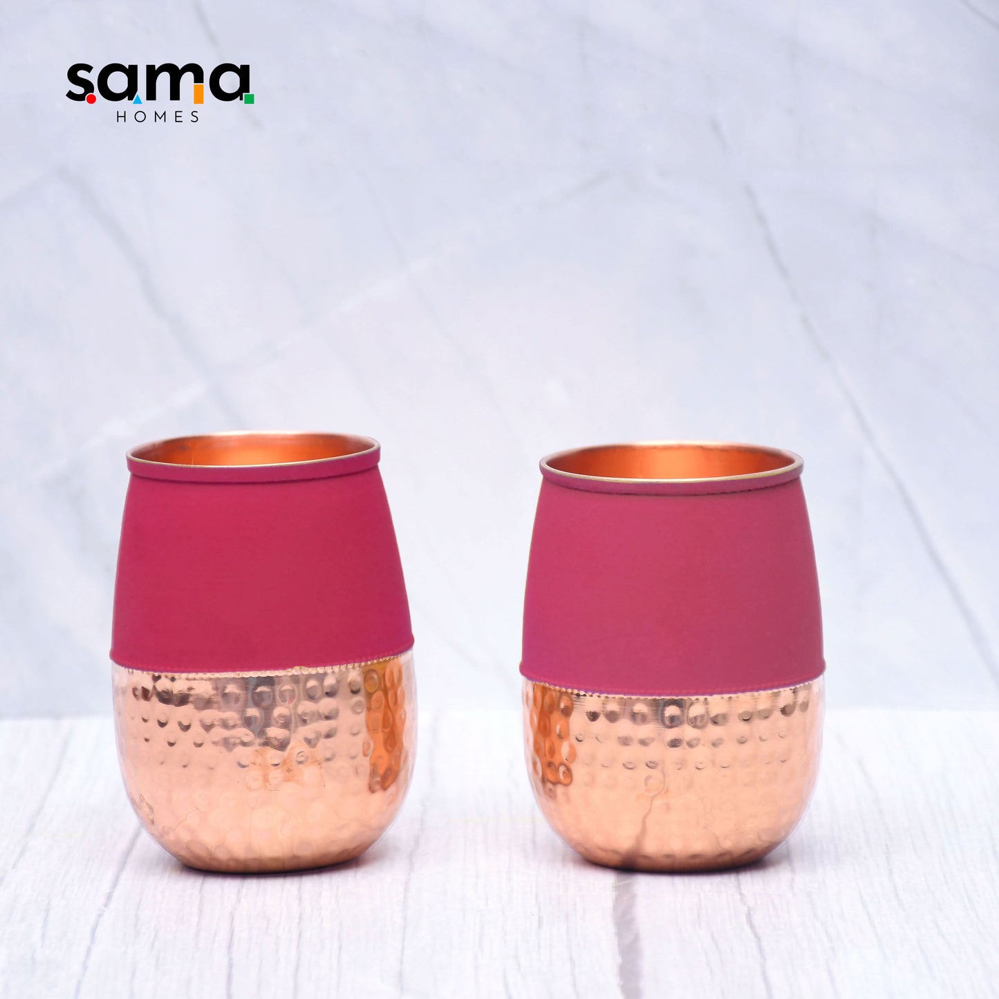 SAMA Homes - pure copper water glass silk red cherry half hammered dholak tumbler capacity 250ml