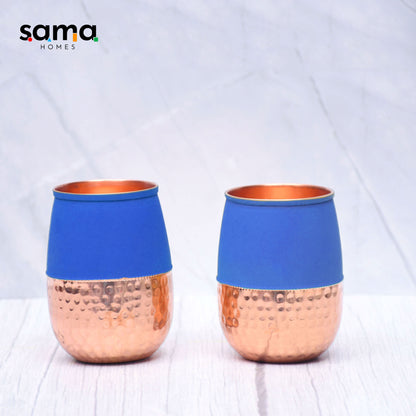 SAMA Homes - pure copper water glass silk blue half hammered dholak tumbler capacity 250ml
