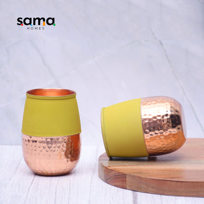 SAMA Homes - pure copper water glass silk yellow half hammered dholak tumbler capacity 250ml