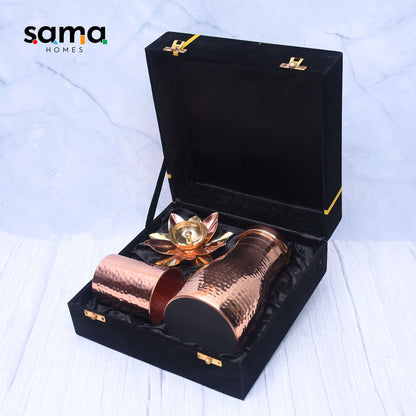 SAMA Homes - exclusive combo of copper bedroom jar with glass and pooja lotus diya with royal gifting box