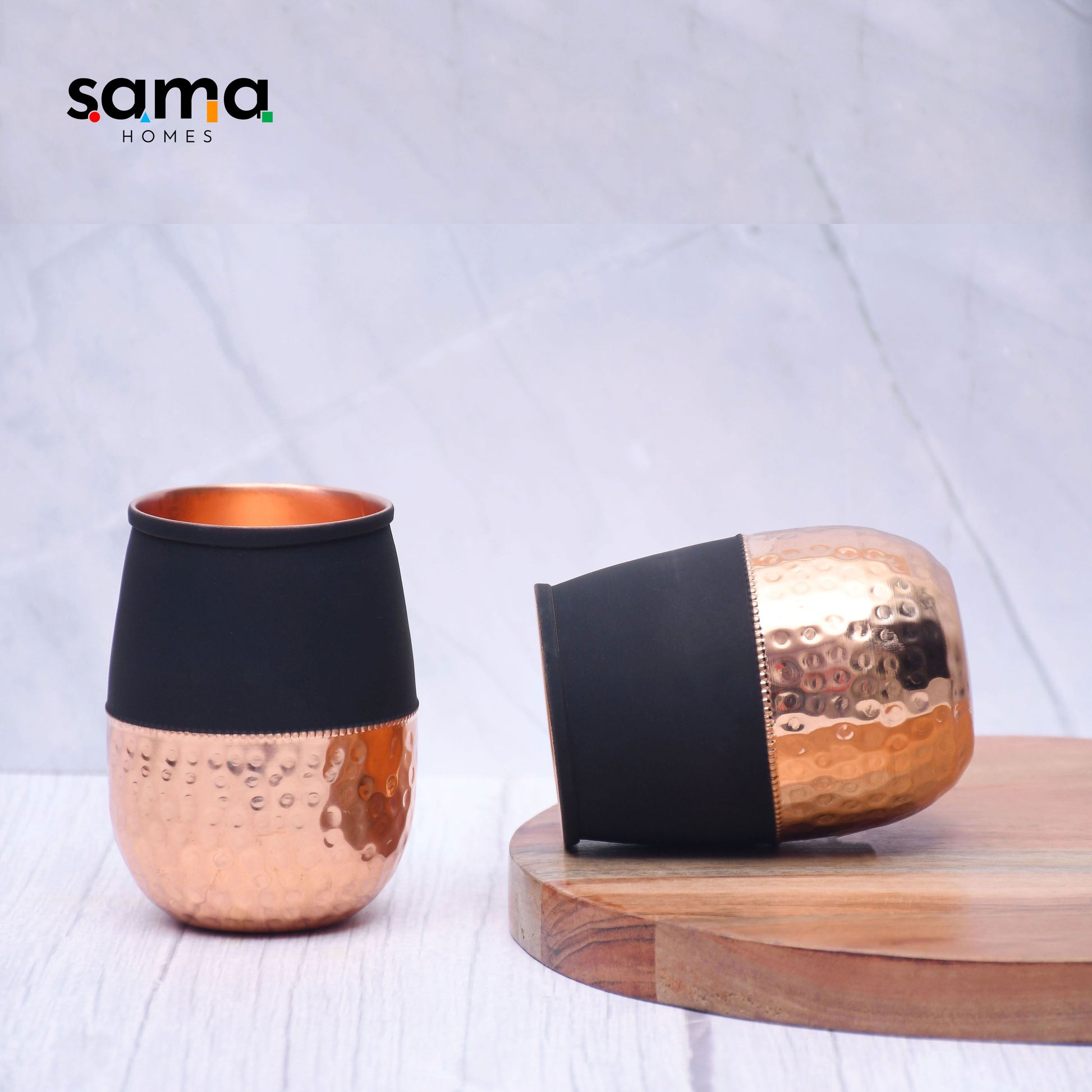 SAMA Homes - pure copper water glass silk black half hammered dholak tumbler capacity 250ml