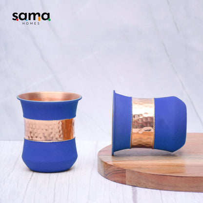 SAMA Homes - pure copper water glass silk blue half hammered damru tumbler capacity 300ml