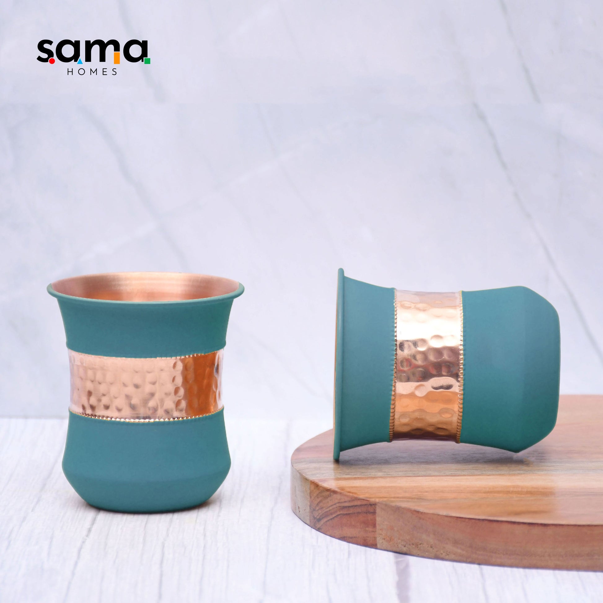 SAMA Homes - pure copper water glass silk green half hammered damru tumbler capacity 300ml