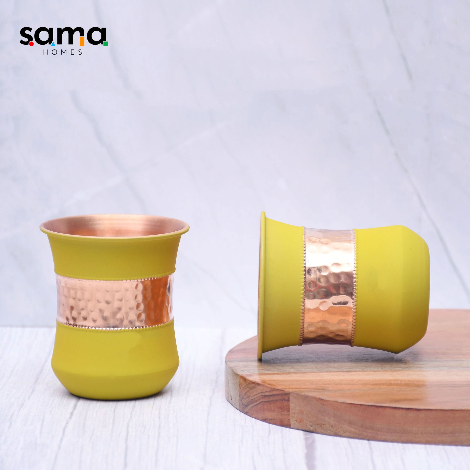 SAMA Homes - pure copper water glass silk yellow half hammered damru tumbler capacity 300ml