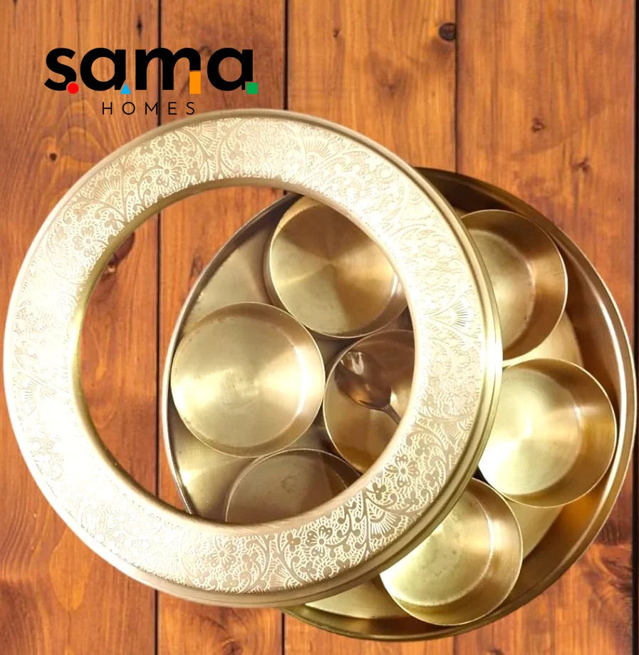 SAMA Homes - handcrafted fiber brass masala box set for kitchen with spoon 7 containers 40 ml 8