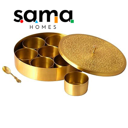 SAMA Homes - handcrafted brass masala box set for kitchen with spoon 7 containers 40 ml 6