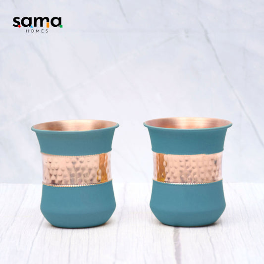 SAMA Homes - pure copper water glass silk green half hammered damru tumbler capacity 300ml