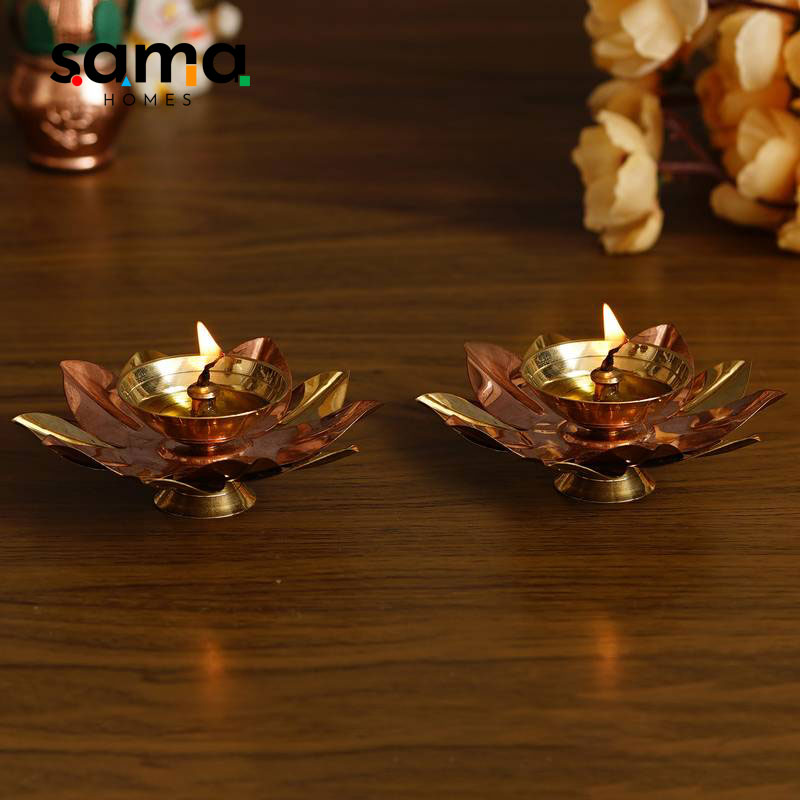 SAMA Homes - pure copper brass elegant handcrafted metal lotus diya set of 2