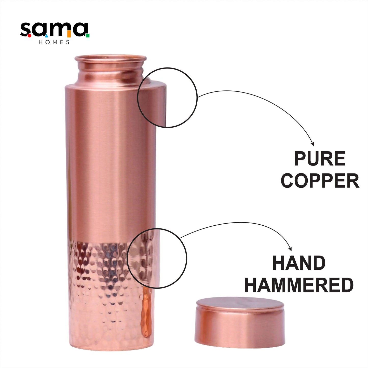 SAMA Homes - pure copper water bottle half hammered and half matt straight