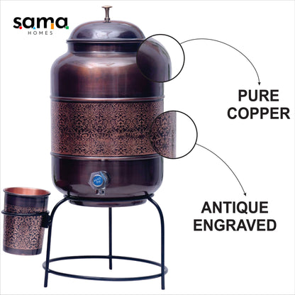 SAMA Homes - pure copper water dispenser with glass and stand antique engraved designed combo capacity 5000 ml