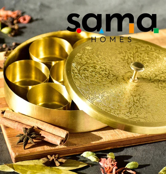 SAMA Homes - handcrafted brass masala box set for kitchen with spoon 7 containers 40 ml 6
