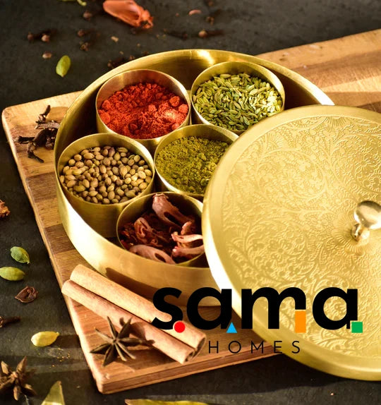 Masala Set Handcrafted Brass Masala Box Set for Kitchen with Spoon (7 Containers,