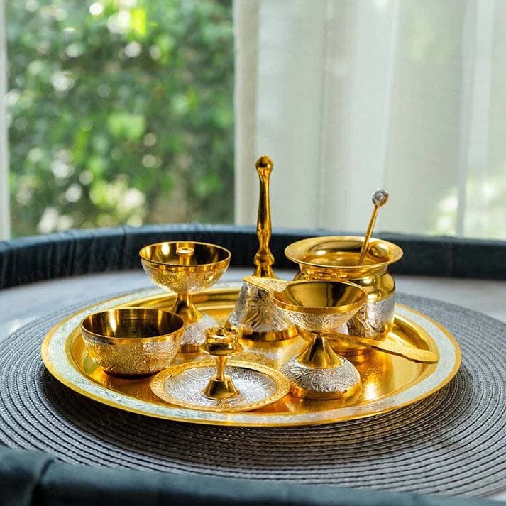 Exclusive Brass Pooja Thali with Brass Finished (Set of 8 Pieces) - Sama Homes