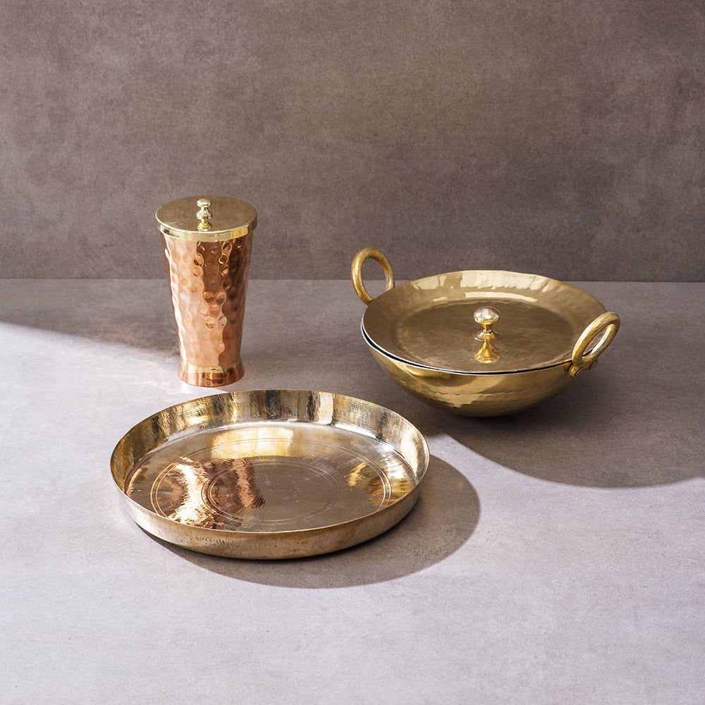 Ayurveda Starter Kit (1 Brass Kadhai, 1 Copper Tumbler, 1 Kansa (Bronze) Thaali - 10.5") - Sama Homes