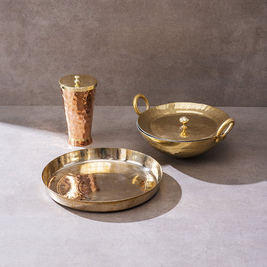 Ayurveda Starter Kit (1 Brass Kadhai, 1 Copper Tumbler, 1 Kansa (Bronze) Thaali - 10.5") - Sama Homes