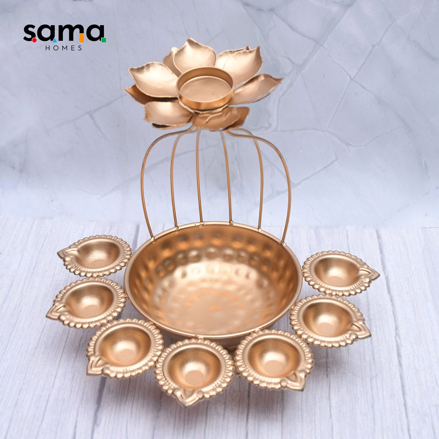 SAMA Homes - exclusive urli bowl flower design with diya shape tealight candle holder iron decorative bowl perfect for home decor