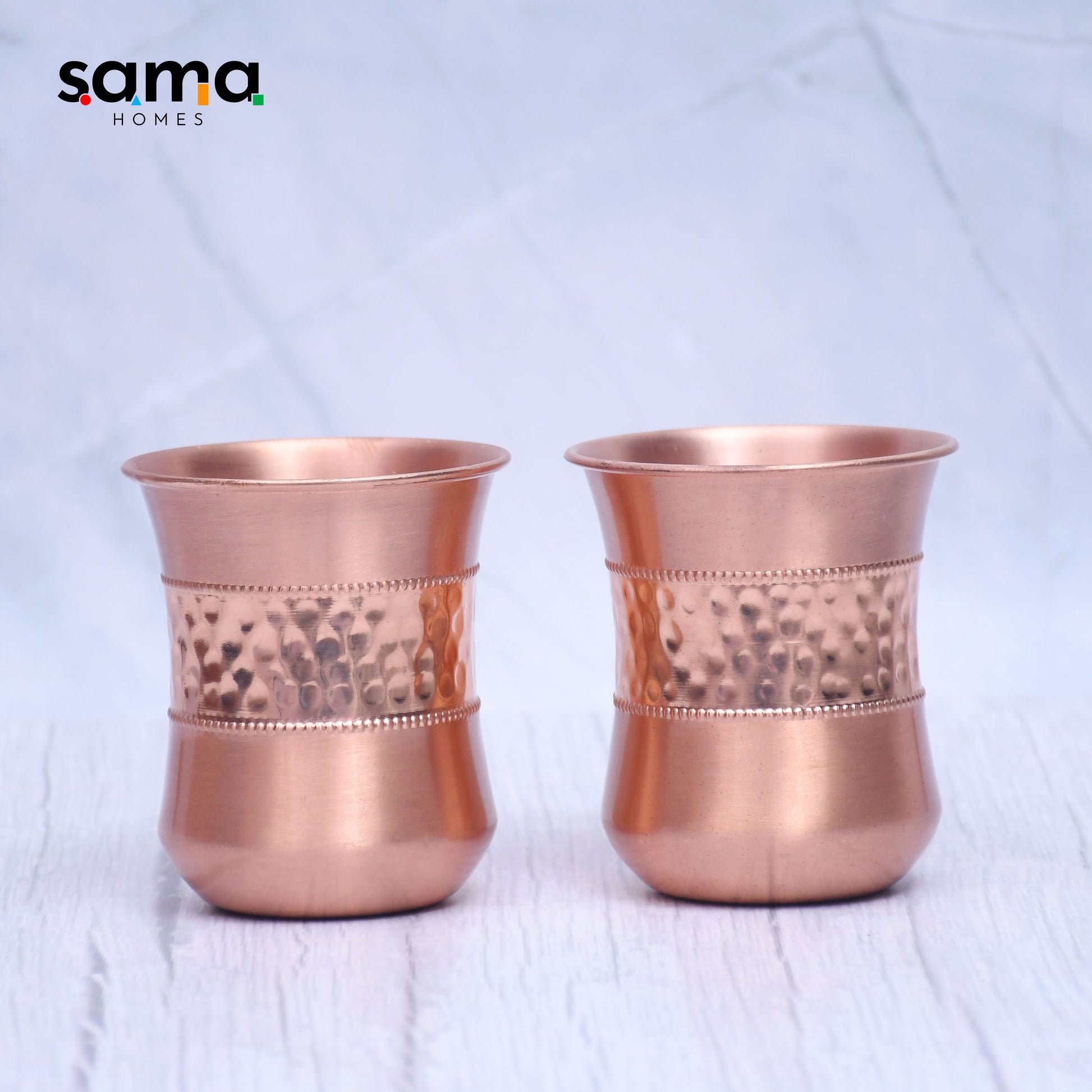 SAMA Homes - pure copper water glass set of 2 half hammered damru tumbler capacity 300ml