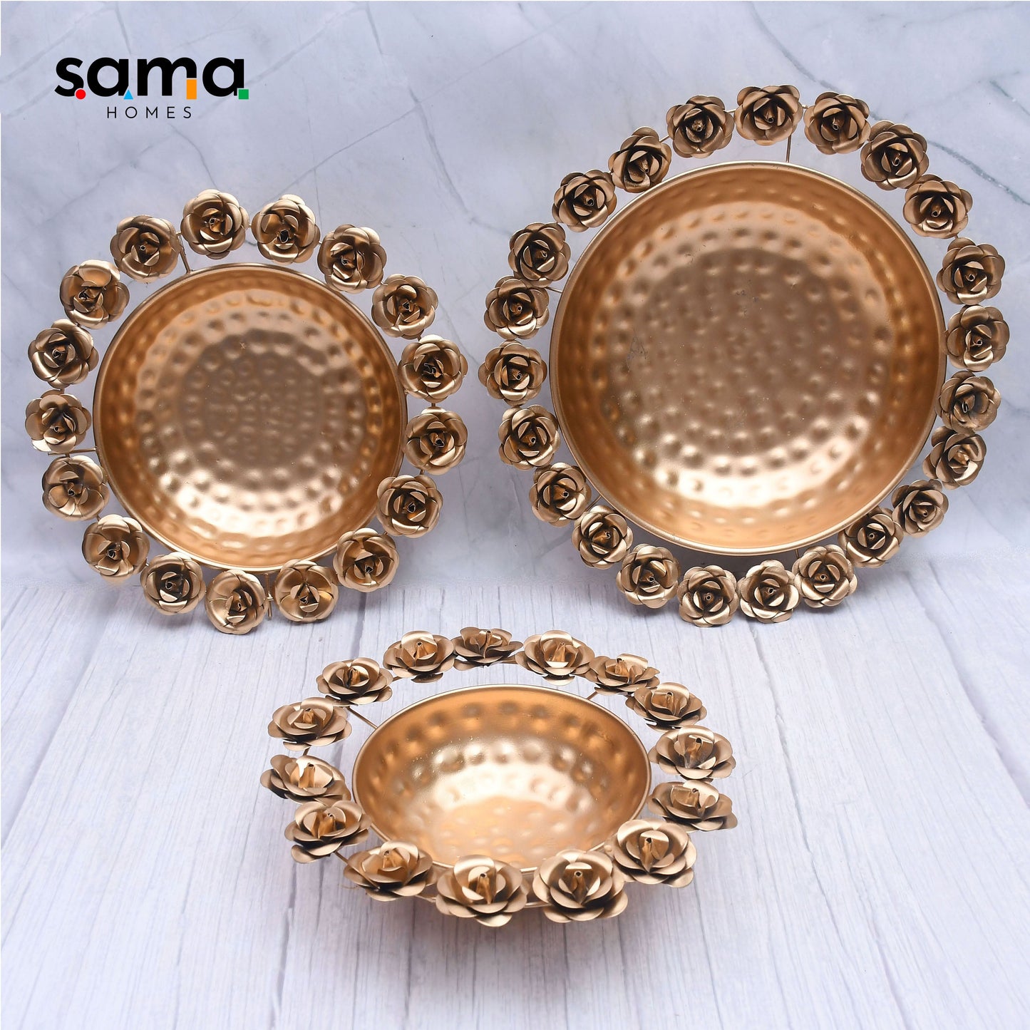 SAMA Homes - exclusive metal rose design urli bowl for home decor for floating flowers and candles
