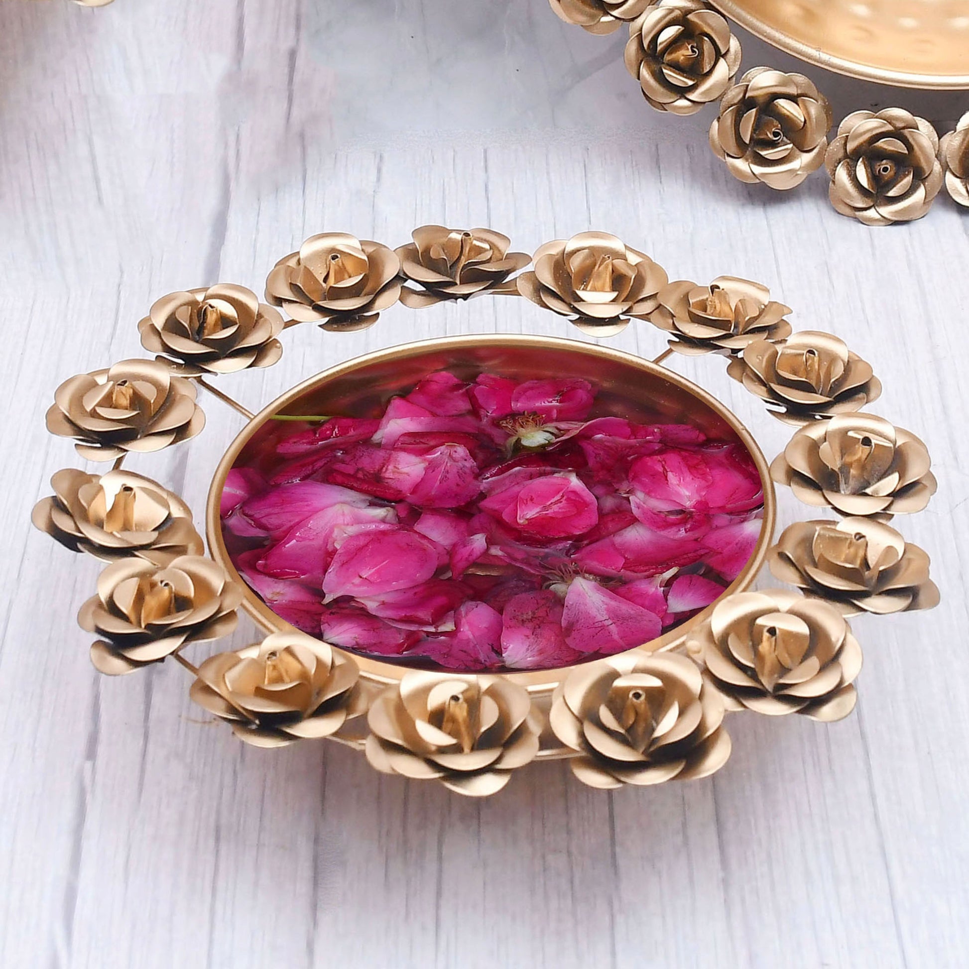 SAMA Homes - exclusive metal rose design urli bowl for home decor for floating flowers and candles