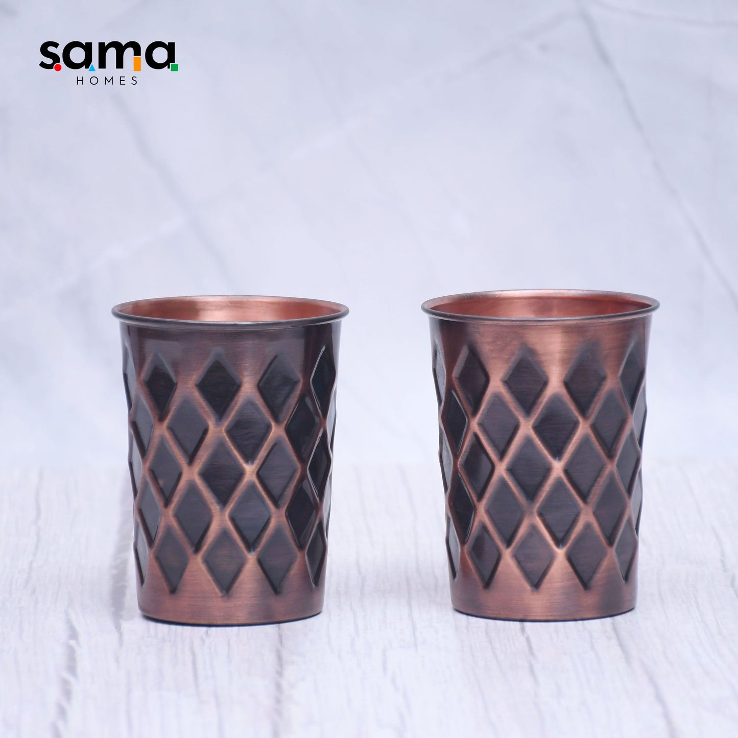 SAMA Homes - pure copper water glass set of 2 antique diamond design tumbler capacity 300ml