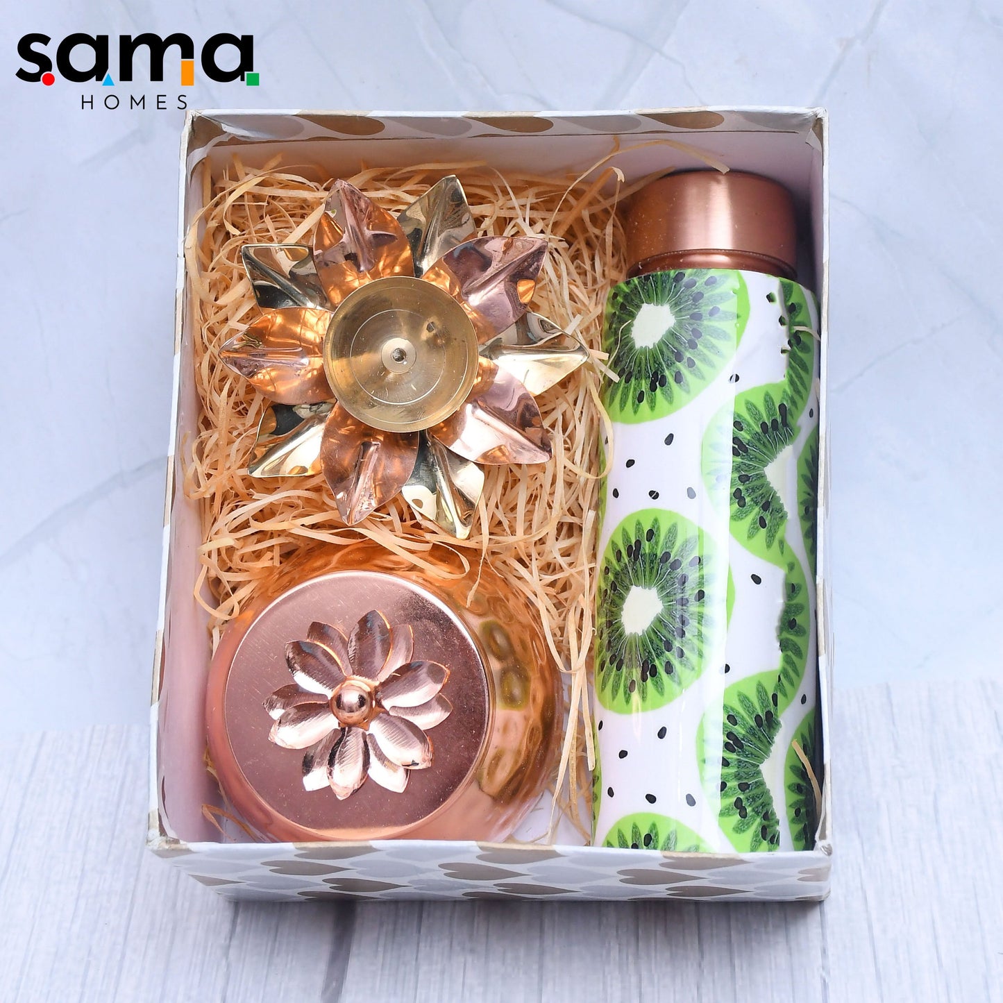 SAMA Homes - copper water bottle with container jar and floral candle holder set of 3