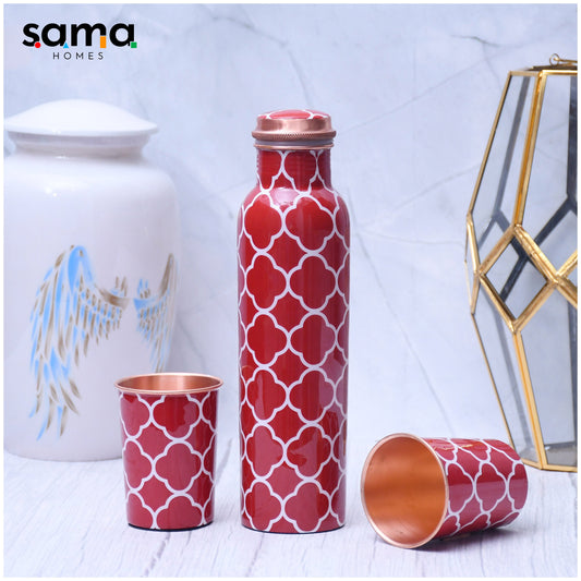 SAMA Homes - red floral printed pure copper bottle with 2 glasses tumbler set of 3