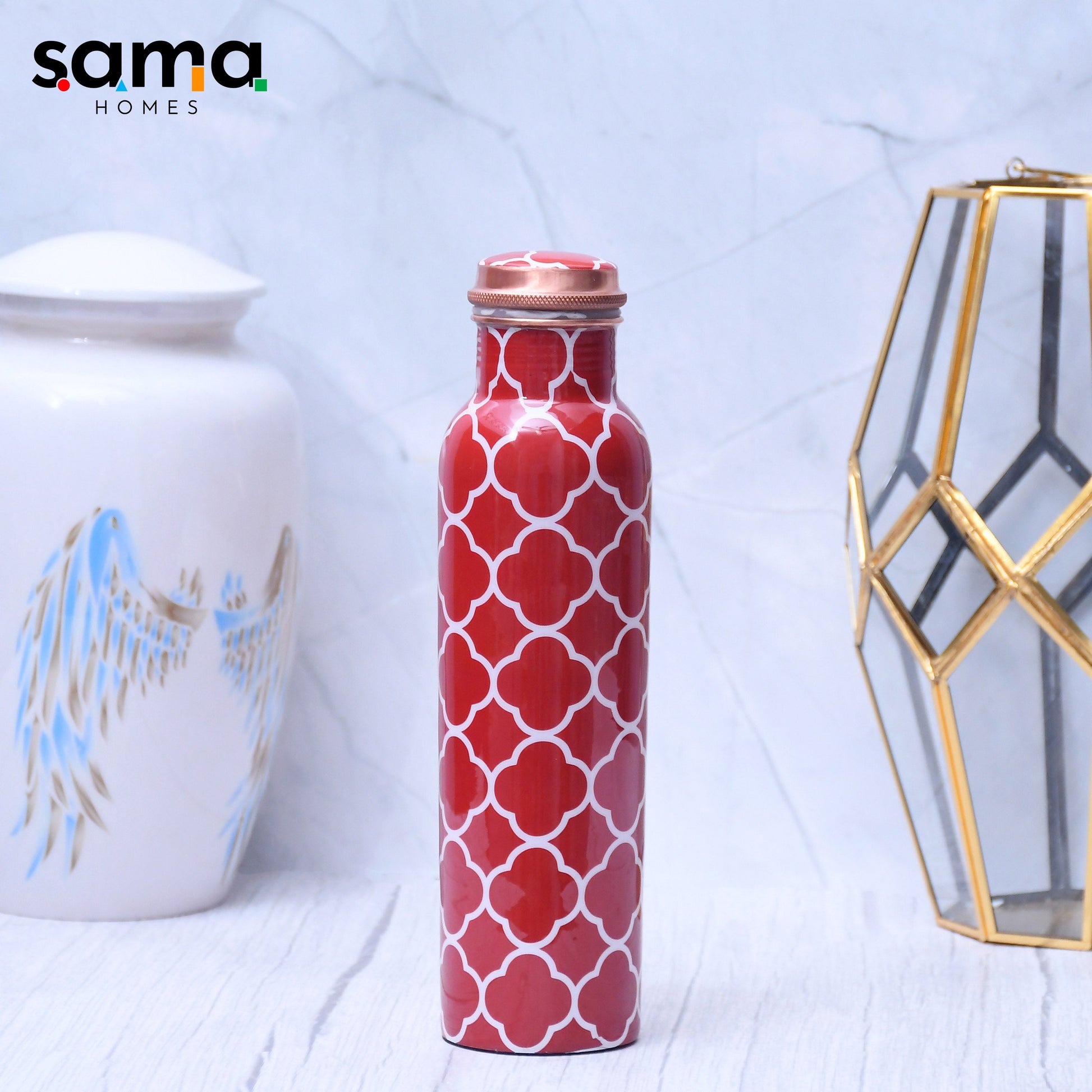 SAMA Homes - red floral printed pure copper water bottle leak proof