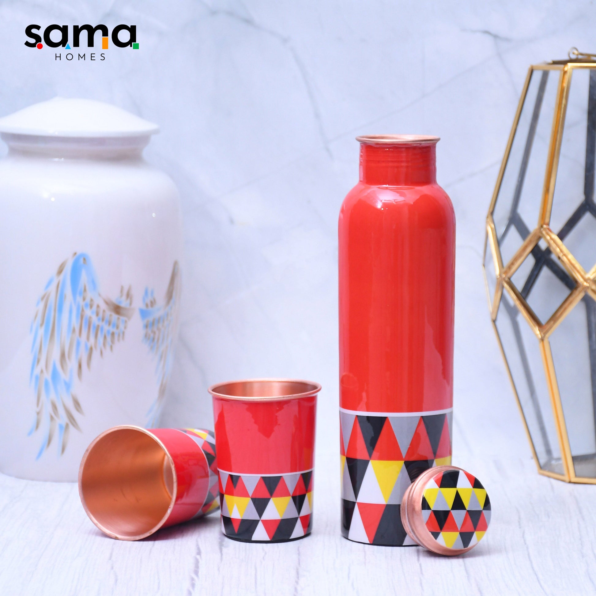 SAMA Homes - exclusive triangle design printed copper bottle with 2 glasses tumbler set of 3