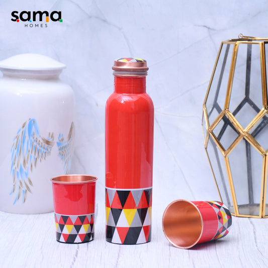 SAMA Homes - exclusive triangle design printed copper bottle with 2 glasses tumbler set of 3