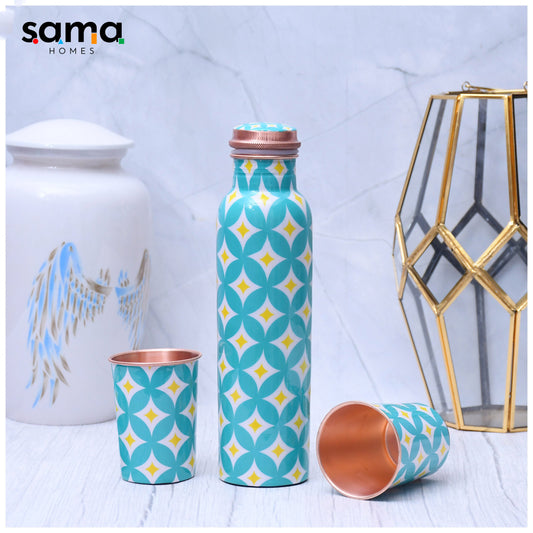 SAMA Homes - refreshing sky blue digital printed copper bottle with 2 glasses tumbler set of 3