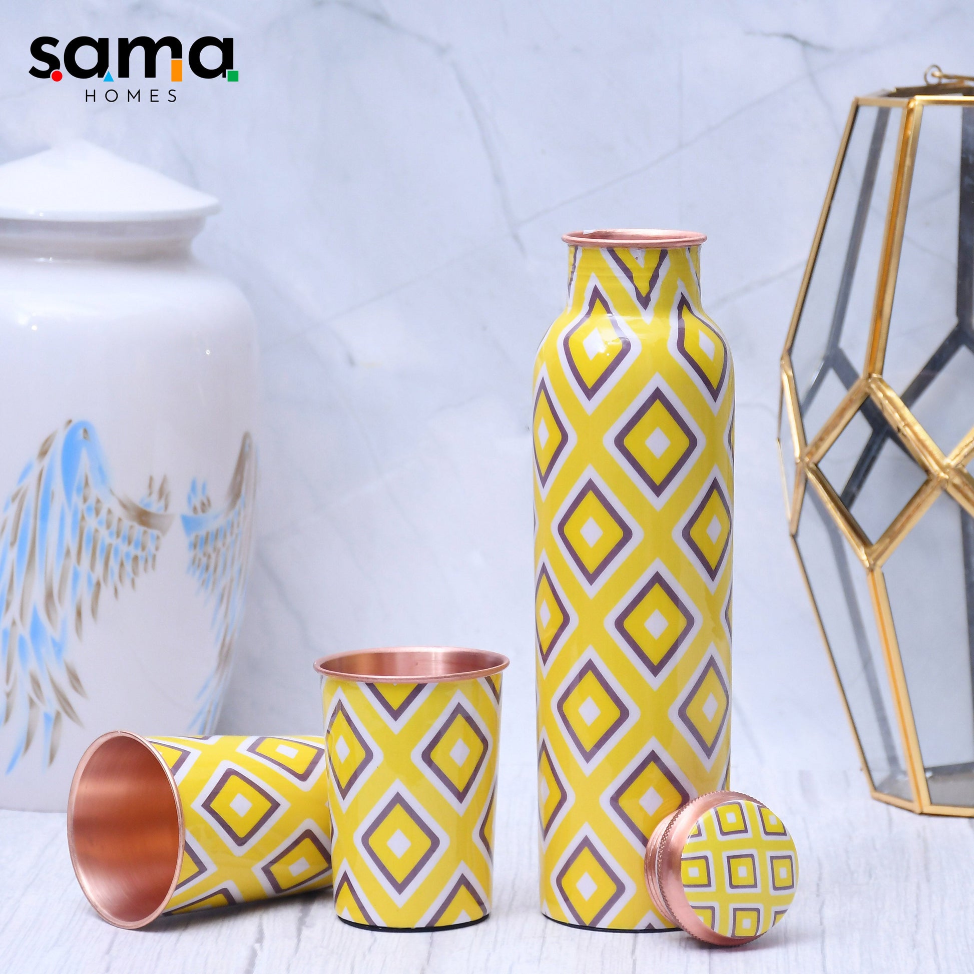 SAMA Homes - exclusive neon design printed copper bottle with 2 glasses tumbler set of 3