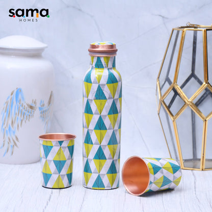 SAMA Homes - spiffy geometric printed copper bottle with 2 glasses tumbler set of 3