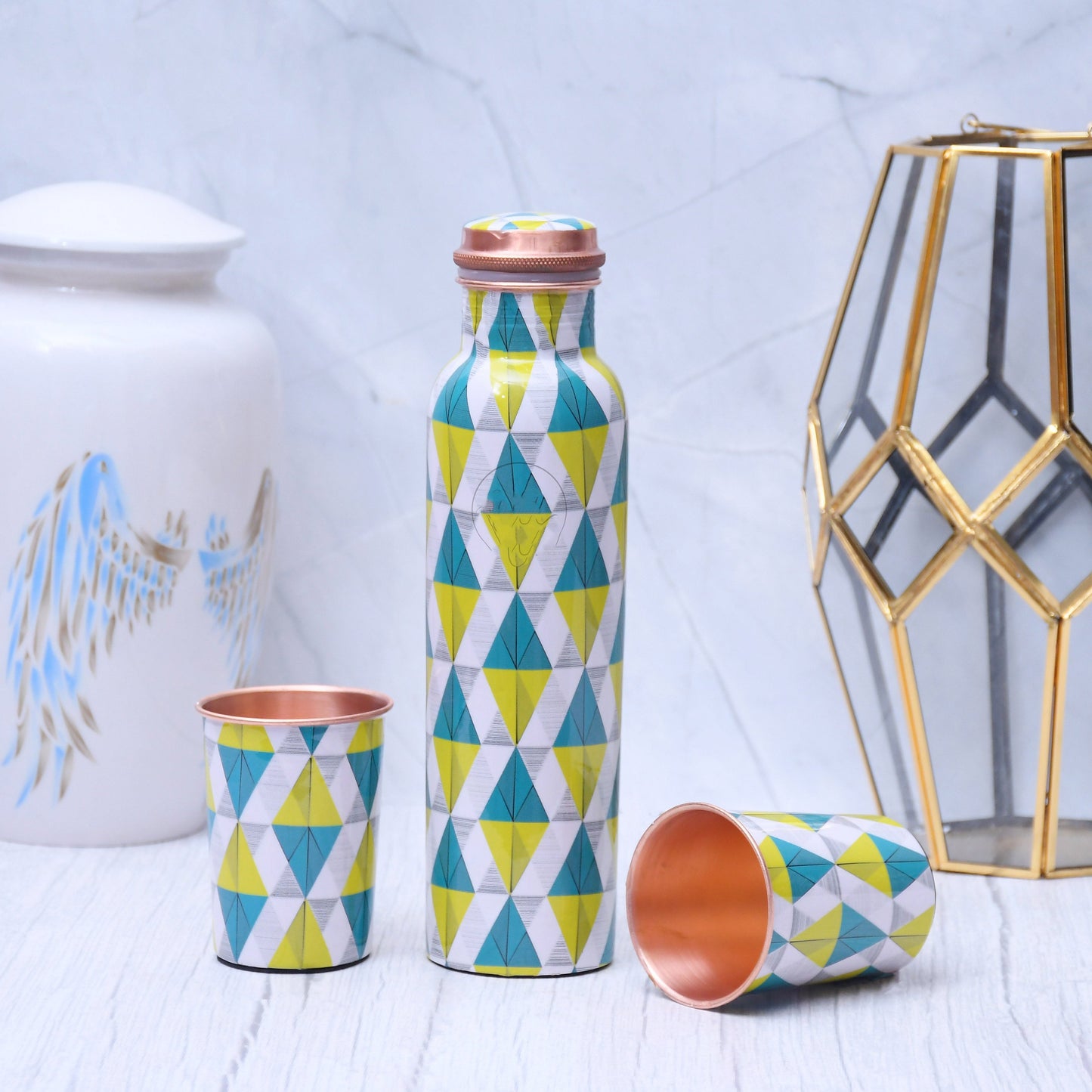 SAMA Homes - spiffy geometric printed copper bottle with 2 glasses tumbler set of 3
