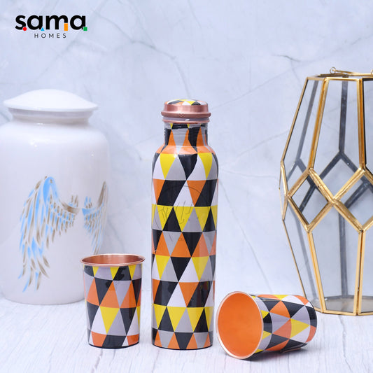 SAMA Homes - exclusive geometric designed pure copper bottle with 2 glasses set of 3