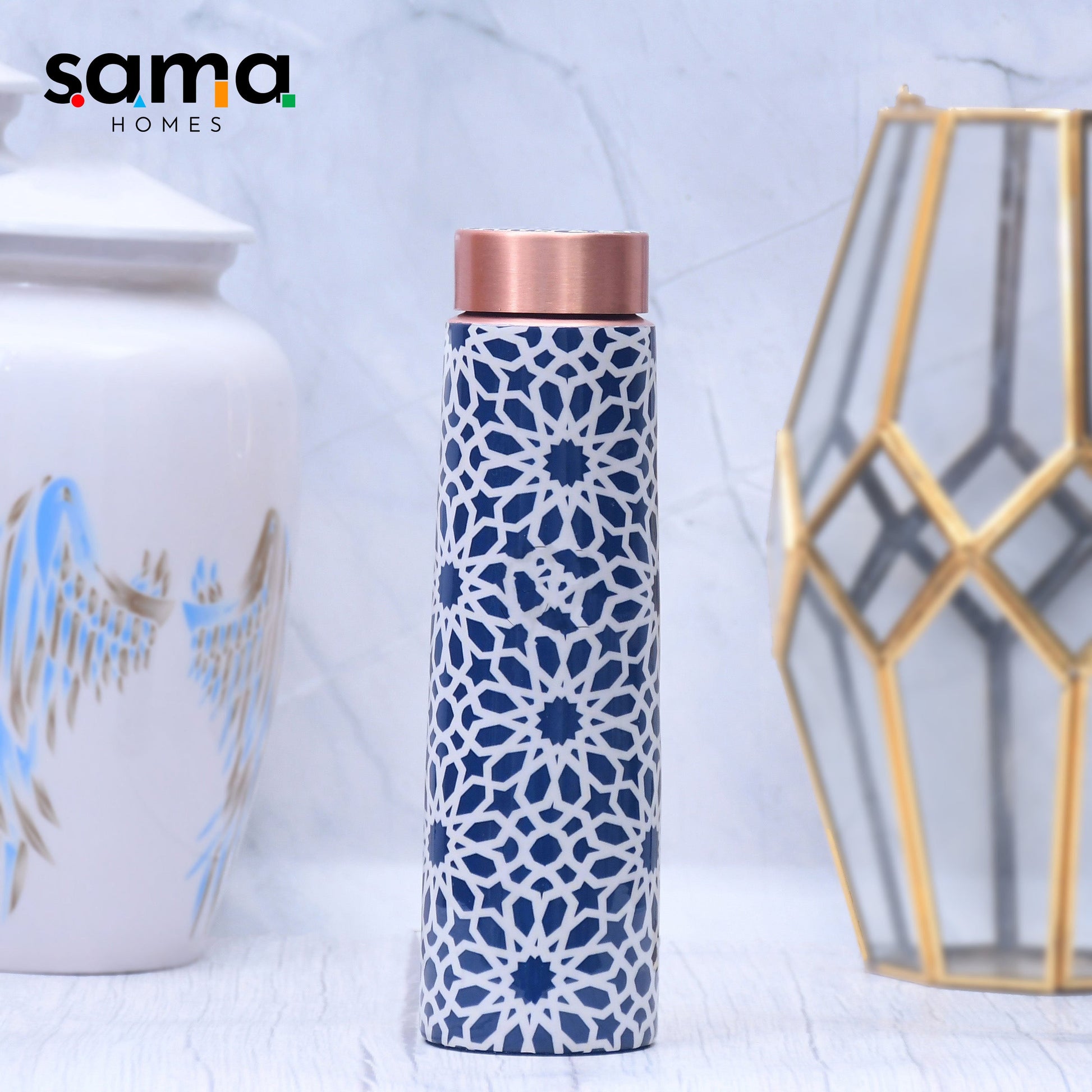 SAMA Homes - indigo blue printed copper bottle enamel leak proof capacity 1000 ml