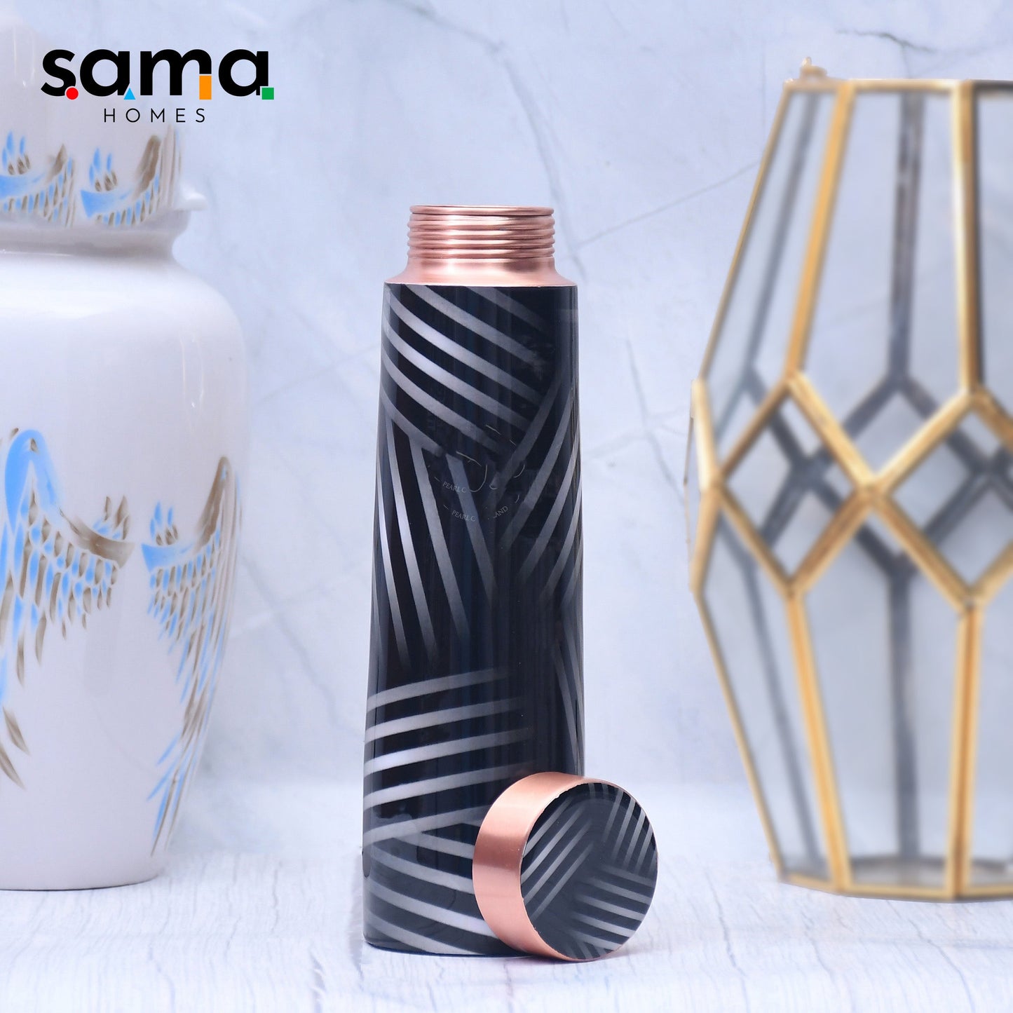 SAMA Homes - black and white stripes copper water bottle enamel leak proof capacity 1000 ml