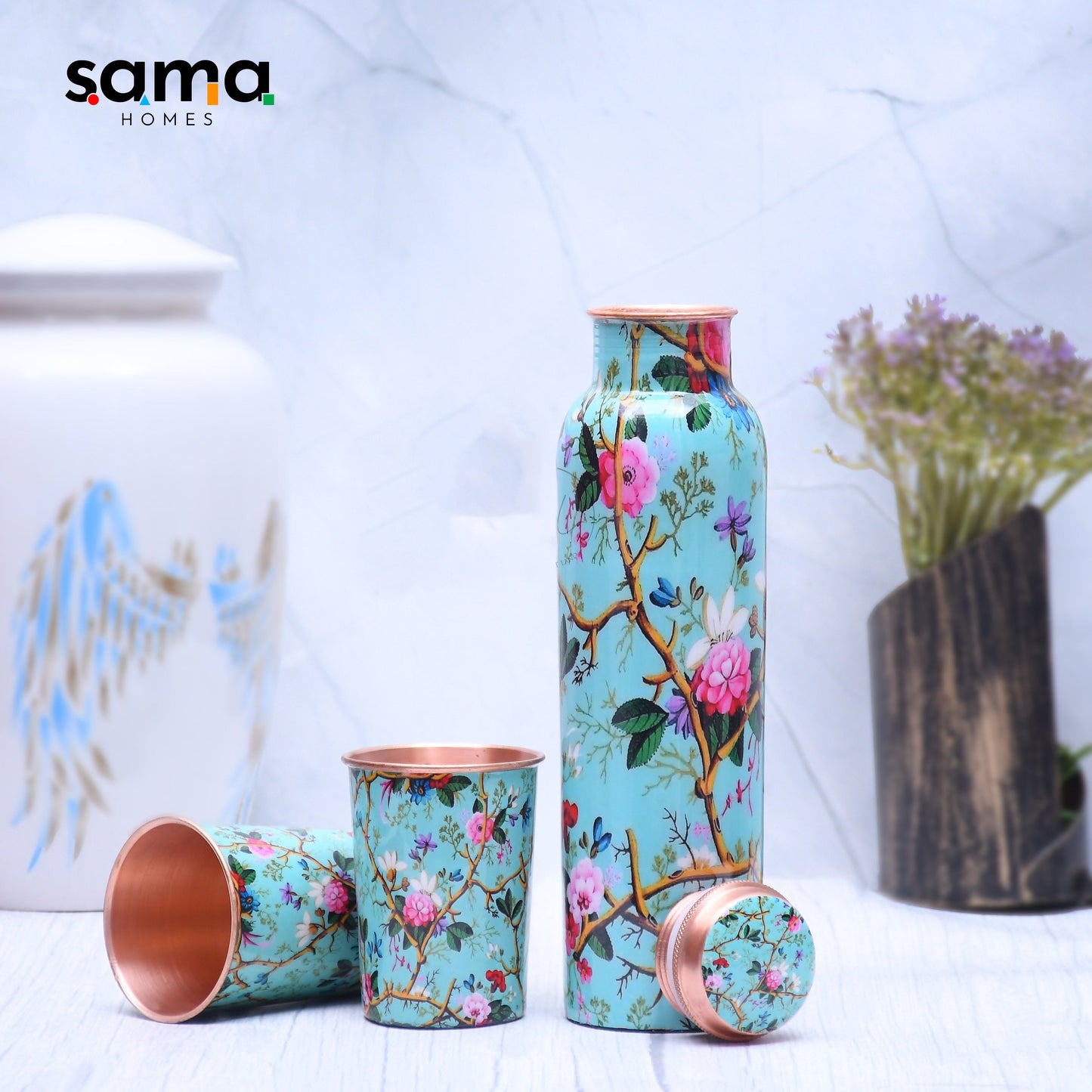 SAMA Homes - exclusive pink rose designed pure copper bottle with 2 glasses set of 3 capacity 1450 ml