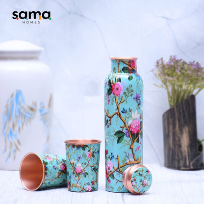 SAMA Homes - exclusive pink rose designed pure copper bottle with 2 glasses set of 3 capacity 1450 ml