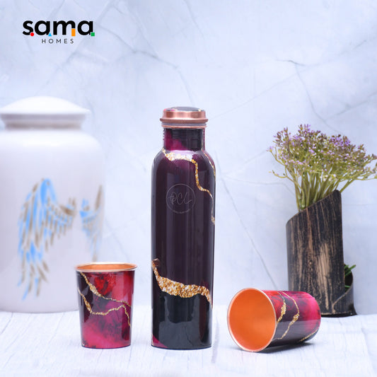SAMA Homes - exclusive black designed pure copper bottle with golden stripes with 2 glass tumbler 1440 ml