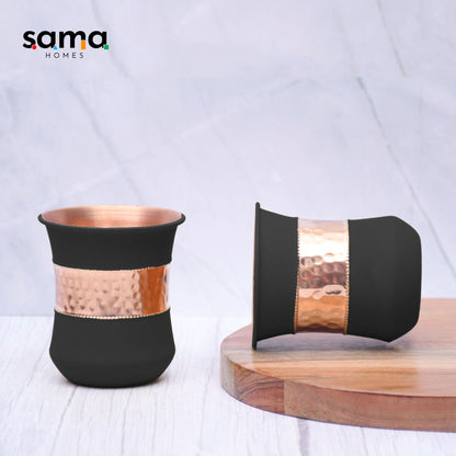 SAMA Homes - pure copper water bottle silk black half hammered with 2 dholak glasses set of 3