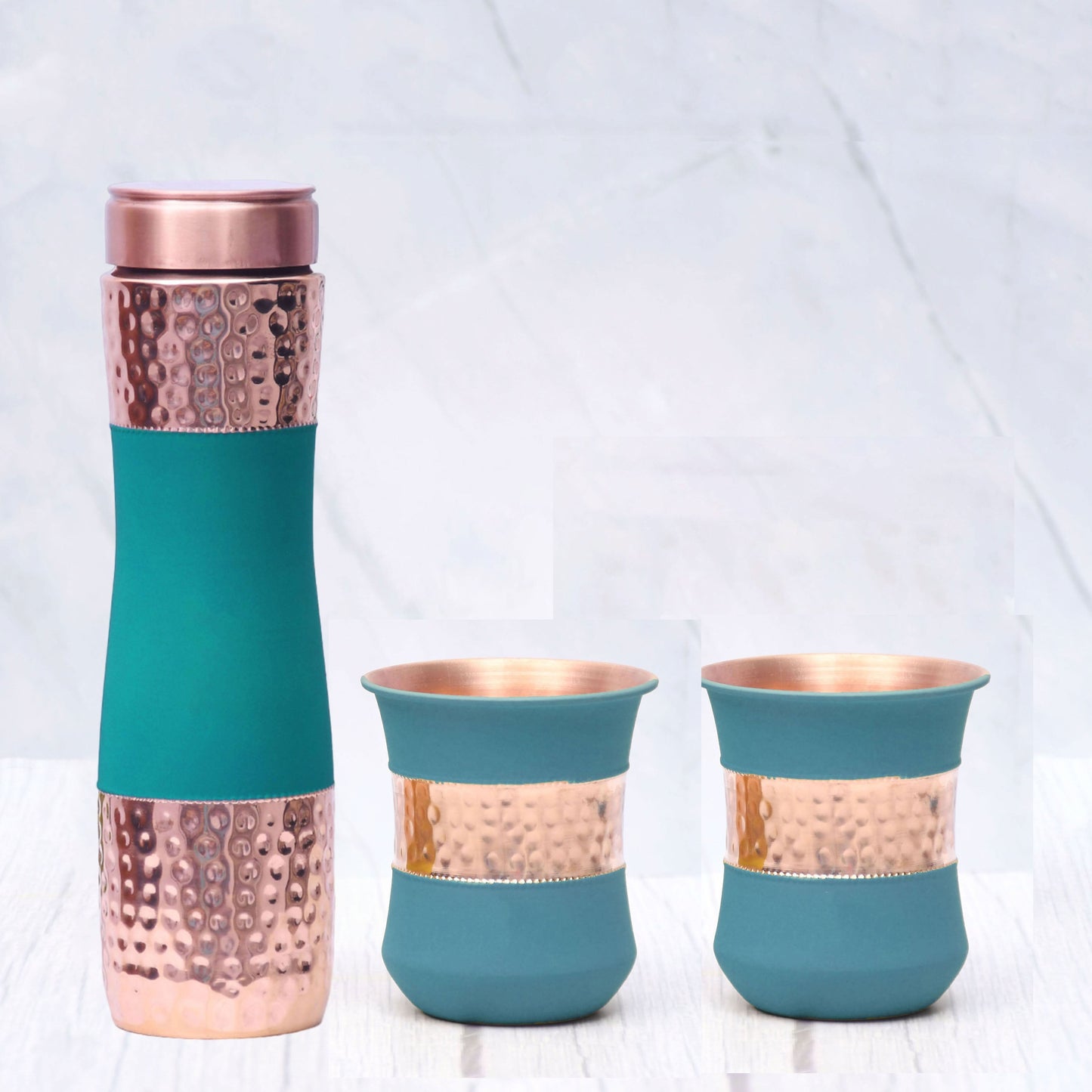 SAMA Homes - pure copper water bottle silk green half hammered with 2 dholak glasses set of 3