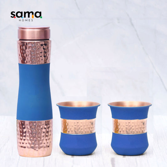 SAMA Homes - pure copper water bottle silk blue half hammered with 2 dholak glasses set of 3