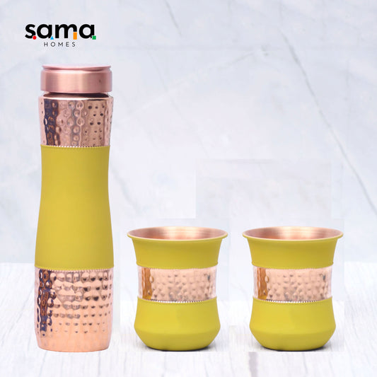 SAMA Homes - pure copper water bottle silk yellow half hammered with 2 dholak glasses set of 3
